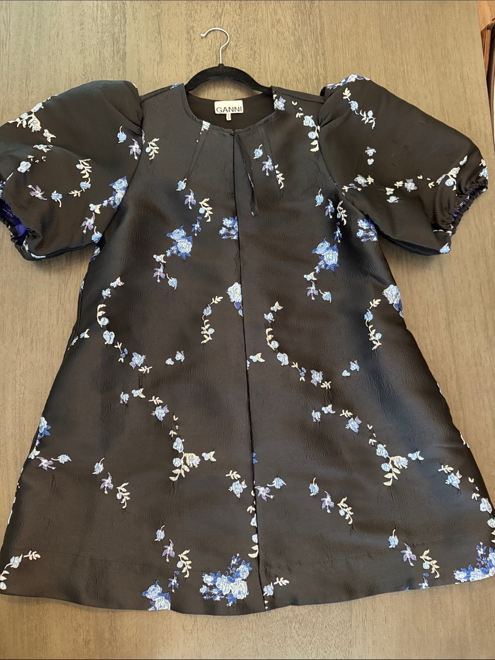 Ganni Black Floral Puff-Sleeve Dress